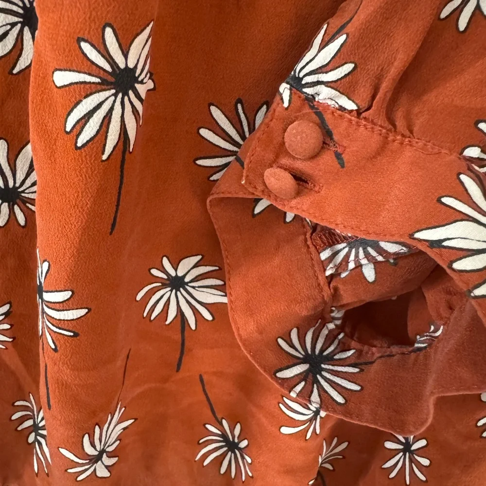 Madewell Silk Tie Front Wrap Blouse Top Medium Rust Orange Floral 3/4 Sleeve - Picture 6 of 7